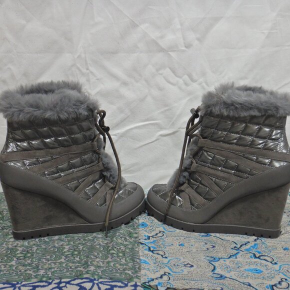 Jessica Simpson Silver Faux Fur Lace Up Wedge Booties - Picture 6 of 13